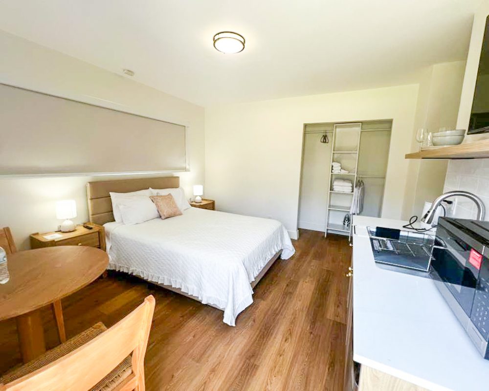 Standard Room interior with mini kitchenette and storage space at Tiana Beach Inn Florida