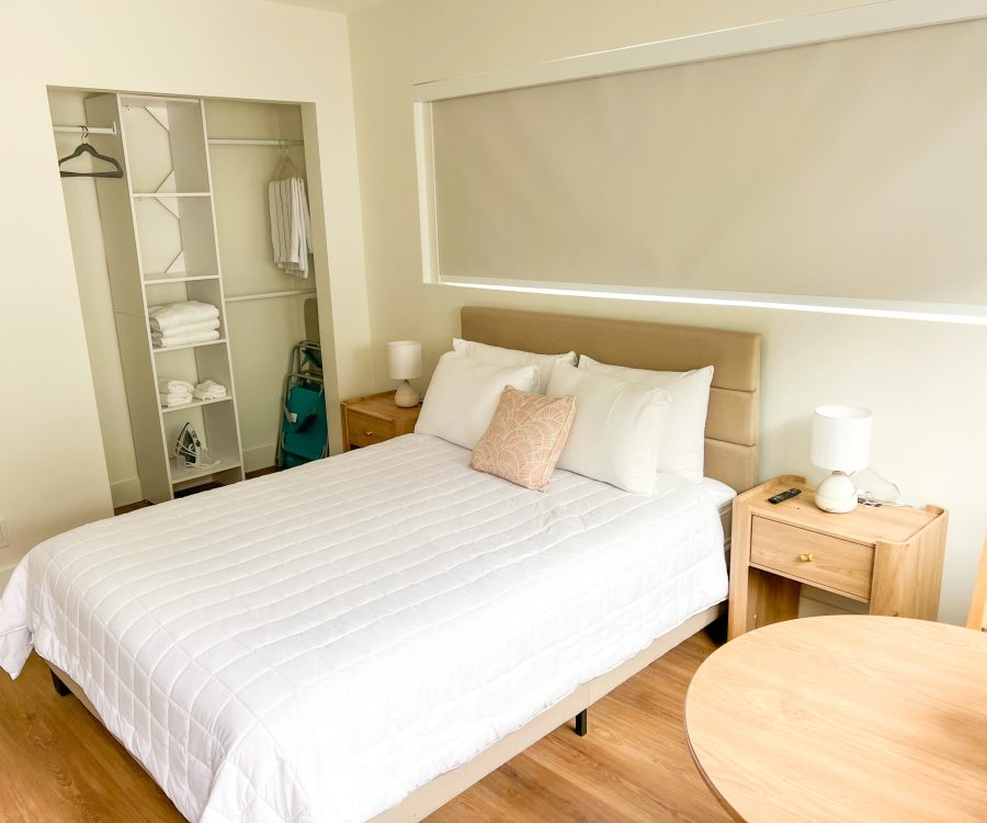 Updated Standard Room at Tiana Beach Inn with mini fridge microwave and modern design