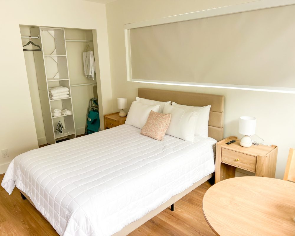 Updated Standard Room at Tiana Beach Inn with mini fridge microwave and modern design